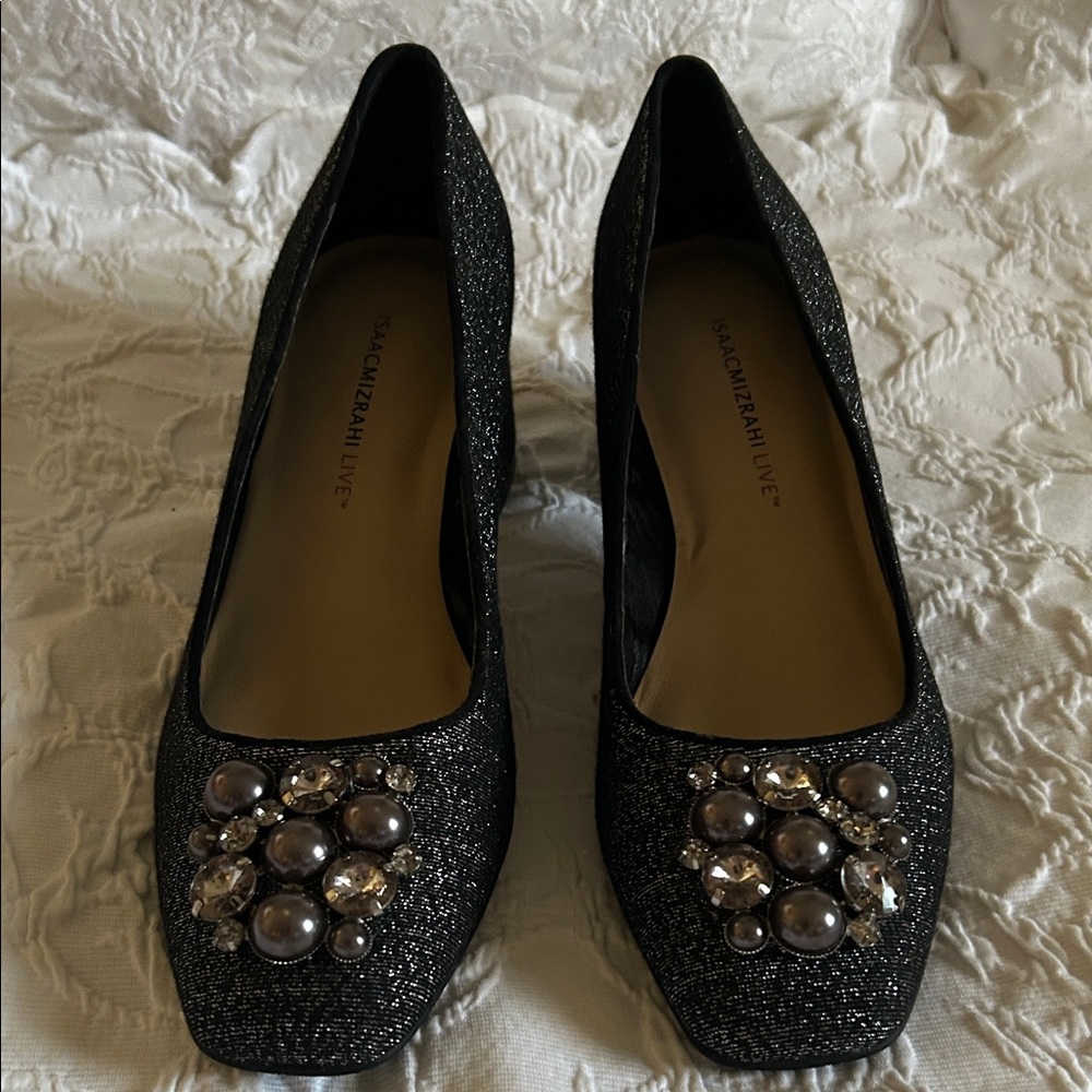 Isaac Mizrahi Black Glitter Heels with Embellishments